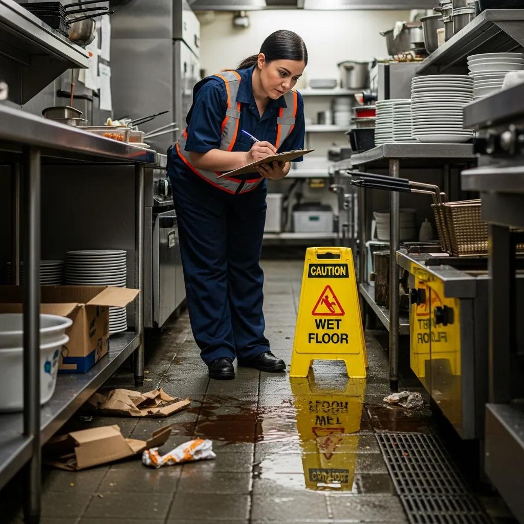 Cleaning professional conducting a visual inspection for hazard identification in a commercial space
