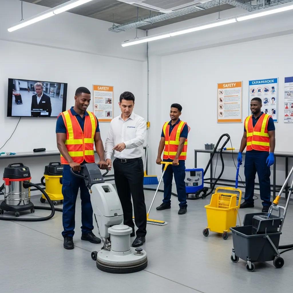 Cleaning staff participating in an interactive safety training workshop with cleaning equipment