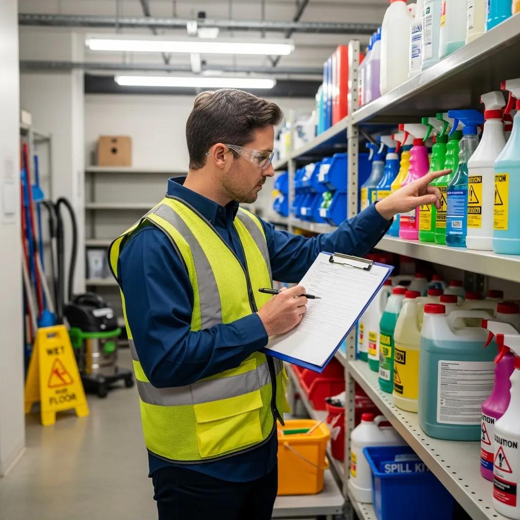 Safety inspector performing a hazard assessment in a cleaning environment with a checklist