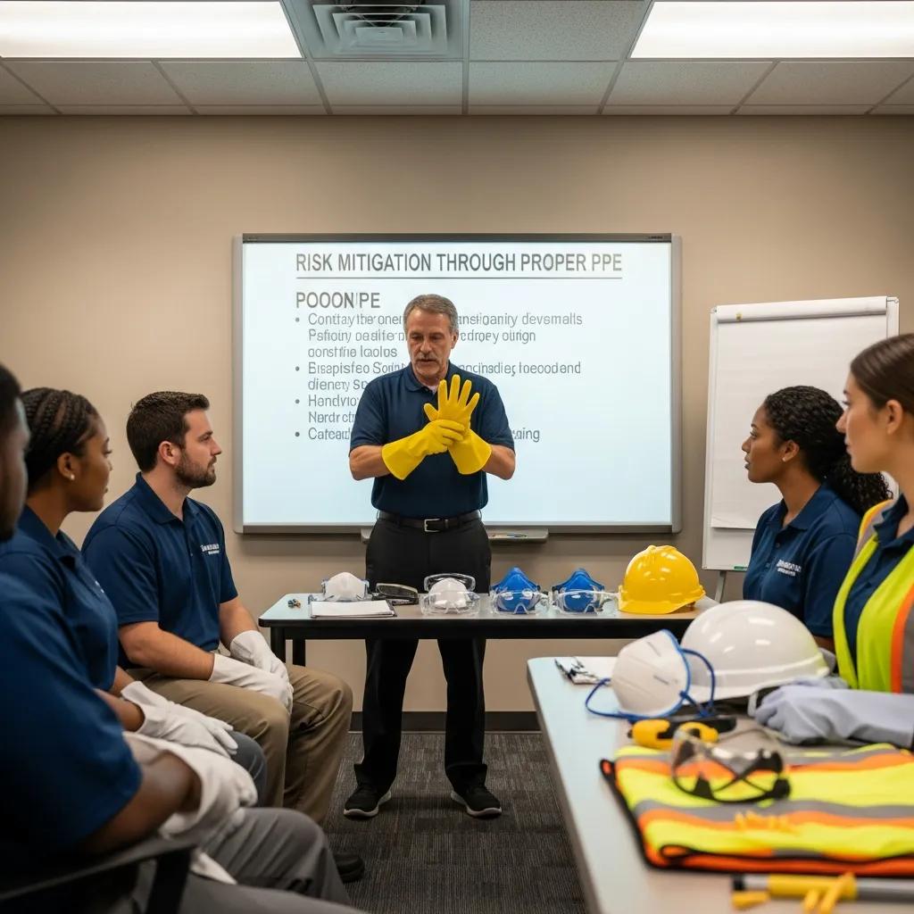 Training session for cleaning staff on the use of personal protective equipment for risk mitigation
